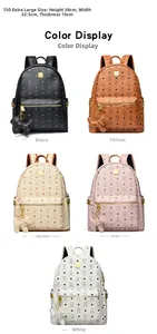 Detailed view of monogram backpacks in five colors with dimensions 38x32.5x15cm