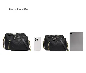 Comparaison de taille du sac matelassé noir avec iPad et iPhone sur fond blanc