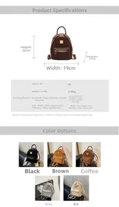 Detailed chart showing PU mini backpack dimensions and colors in various shades
