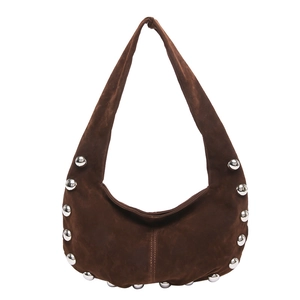 Deep brown matte suede hobo shoulder bag featuring silver stud rivets on the bottom edge