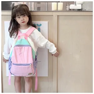 Detailed view of kids colorful patchwork backpack with multi-pocket design for school