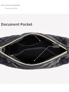 Détails intérieurs d'un sac bandoulière matelassé noir avec poches et accessoires dorés