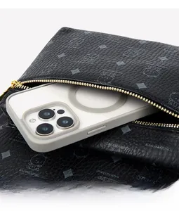 Detail of black lychee grain leather pouch showing interior storage capacity for a smartphone