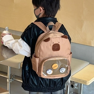 Cute khaki Capybara kids backpack with 3D animal ears and a clear front pocket