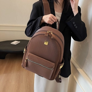 Brown woven texture leather backpack with gold zippers and large capacity design