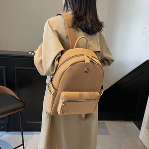 Chic khaki large capacity woven leather backpack for women with golden rivet accents