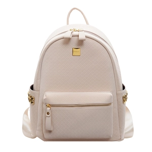 Minimalist beige woven texture backpack for women with gold hardware accents