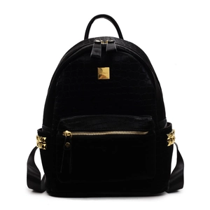 Fashionable black crocodile embossed leather backpack with gold rivets for women