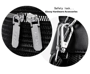 Detail of glossy silver metal zippers and hardware on a black textured backpack