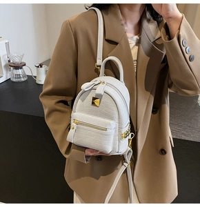 Detail of white crocodile pattern mini backpack with gold logo plate and zippers