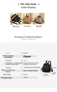 Detailed spec chart for quilted backpack in black, yellow and khaki colors