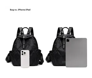 Quilted black nylon backpack size comparison with iPad and iPhone in white background