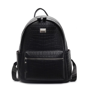 Fashionable black faux crocodile skin backpack with large capacity and metal logo