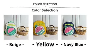 Three color options for children's dinosaur backpacks in beige, yellow and navy blue