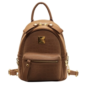 Brown crocodile pattern faux leather backpack for women with gold logo and rivet details