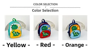 Detail of cute dinosaur backpacks in yellow, red, and orange with mesh side pockets