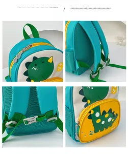 Detail showing breathable honeycomb mesh straps and chest buckle on kids dinosaur backpack
