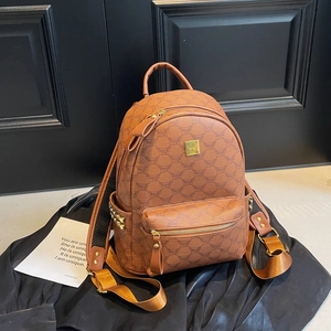 Fashion Women Backpack PU Leather Monogram Print College Style With Gold Rivets For Daily Travel Casual