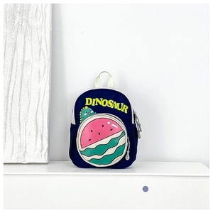 Detail of navy canvas toddler backpack with cartoon dinosaur and watermelon zipper pocket