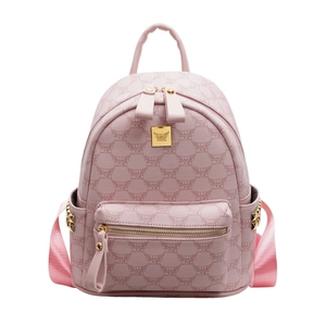 Pink preppy backpack with bear print and golden rivet details on the side pockets