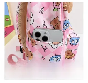 Poche latérale de sac à dos rose à carreaux avec motif ours pour un smartphone