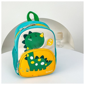 Detail view of cartoon dinosaur backpack showing yellow and green color-blocking canvas