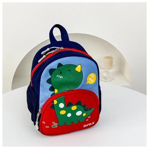 Detail of dinosaur kids backpack with mesh side pocket and color-block design