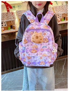 Détail du sac à dos violet à carreaux avec imprimé capybara et tête de peluche en 3D