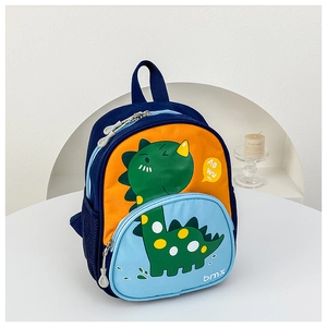 Detailed view of kids dinosaur backpack with durable canvas texture and mesh side pocket