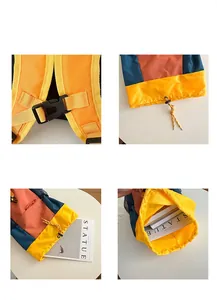 Detail view of colorful kids backpack showing buckles, drawstring and large capacity interior