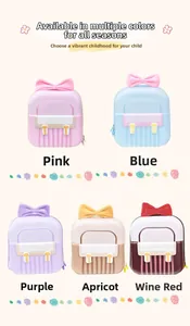 Detail showing five colors of sweet bow-knot shell backpacks for kindergarten children