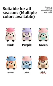 Detailed grid showing colorful cartoon animal backpacks for kids in six vibrant colors