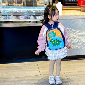 Cute blue cartoon dinosaur backpack for toddlers featuring a green dinosaur print and wide straps
