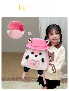 Pink canvas kids backpack with unique pink bucket hat lid design and cute black ears
