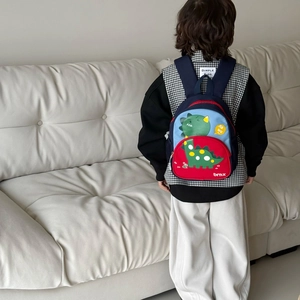 Toddler cartoon dinosaur backpack with navy and red color blocking for boys and girls