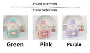 Detail view of colorful children backpacks with plush kitten toys in green, pink and purple