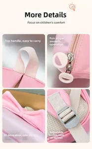 Detailed views of pink kids backpack showing handle, zipper, bow and breathable mesh back