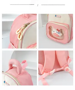 Detail view of pink school bag featuring smooth zippers, mesh straps, and a cute plush kitten