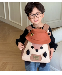 Detailed view of the cute squirrel backpack for kids with a small orange hat and ears