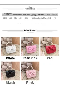 Detailed size chart for kids mini PU crossbody bag with pearl handle and bow accent