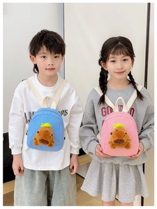 Cute Capybara plush backpacks in pink and blue for kids shown on child models