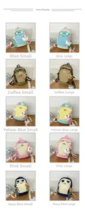 Detailed view of kids cartoon backpacks in multiple colors and sizes with plush pendants