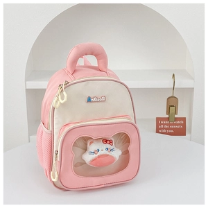 Pink kids backpack with cute plush cat head detail and transparent front pocket