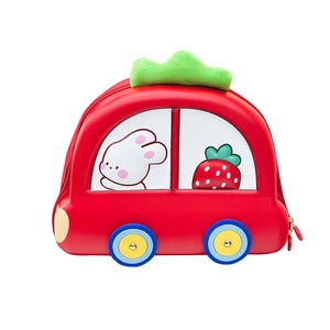 Red car-shaped kids hardshell backpack featuring cute rabbit and strawberry graphics
