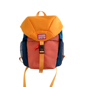 Vibrant color-block student backpack with orange flap and coral body for kids travel