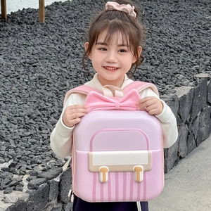 Toddler girl shell backpack with large pink bow and striped pattern for school