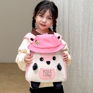 Cute pink squirrel cartoon backpack for kids with honeybee embroidery and top hat design