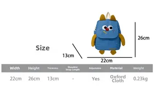 Guide des tailles montrant les dimensions 22x26x13cm du sac à dos enfant en oxford