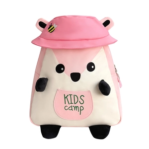 Pink cartoon squirrel school bag for kids featuring a sun hat and KIDS camp embroidery