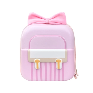Pink hardshell preschool backpack featuring a cute bow and striped eggshell design